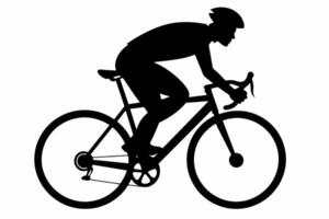 zwart silhouet van fietser geïsoleerd Aan wit achtergrond. Mens Aan fiets. grafisch kunst. concept van fitheid, wielersport, sport, actief levensstijl. icoon, sjabloon, teken, logo, afdrukken, ontwerp element vector