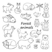 set van dieren ontwerpelementen, eekhoorn, haas, vos, beer, bladeren, eikels, bessen vector