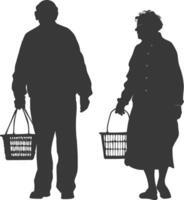 silhouet ouderen Mens en ouderen Dames met boodschappen doen mand vol lichaam zwart kleur enkel en alleen vector