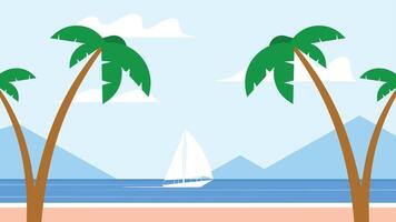 zee kust achtergrond met boot en palm bomen vector