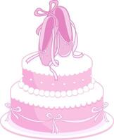 schattig ballerina taart voor meisjes verjaardag feest. ballet dans taart. roze verjaardag taart versierd met ballet schoenen, parels en linten. vector