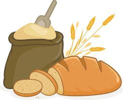 vers bakkerij brood en zak van tarwe meel. jute meel zak met houten lepel. een zak van meel, een brood van brood en gesneden stuk van brood en gerst. vector