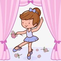 een ballerina danser meisje, dansen Aan de fase, Holding bloemen. weinig ballet dans prestatie. vector