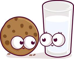 schattig ontbijt tussendoortje karakters, glas van melk en biscuit. tekenfilm glas van melk en chocola spaander koekje karakters. vector