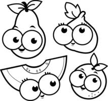schattig tekenfilm fruit karakters. een Peer, een vijg, een meloen en een oranje. vers fruit tekenfilms. zwart en wit kleur bladzijde. vector