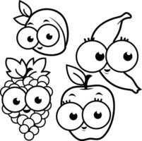 tekenfilm fruit karakters. vers fruit tekenfilms. abrikoos, banaan, druif en appel. zwart en wit kleur bladzijde. vector