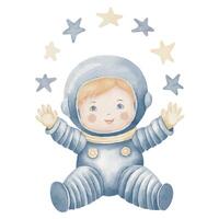 kosmonaut waterverf illustratie. hand- getrokken astronaut in een ruimte met sterren Aan geïsoleerd achtergrond. tekening van jongen ruimtevaarder voor baby douche groet kaarten of verjaardag uitnodiging pastel kleuren vector