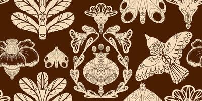 een bruin en wit patroon met bloemen en vogelstand vector