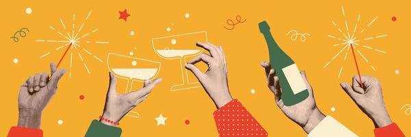 menselijk handen Holding drankjes, sterretjes, fles van Champagne. mensen vieren evenement samen. 2025 nieuw jaar of Kerstmis feest. wijnoogst halftone zine collage. illustratie. vector