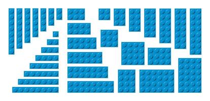 groot reeks van blauw plastic gebouw speelgoed- blokken. gemakkelijk verzameling van kinderen bakstenen. abstract illustratie geïsoleerd Aan een wit achtergrond vector