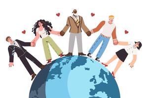 Internationale vriendschap tussen mensen Holding handen, staand Aan wereldbol en roeping voor vrede vector
