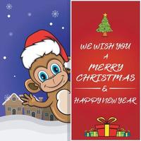 merry christmas-wenskaart, flyer, uitnodiging en poster. schattig aapkarakterontwerp met hoed. vector