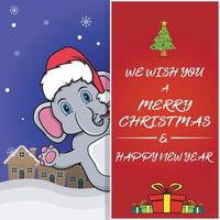 merry christmas-wenskaart, flyer, uitnodiging en poster. schattig olifant karakterontwerp met hoed. vector