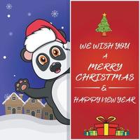 merry christmas-wenskaart, flyer, uitnodiging en poster. schattig panda-karakterontwerp met hoed. vector