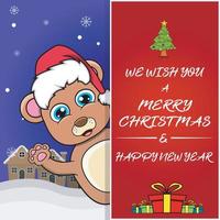 merry christmas-wenskaart, flyer, uitnodiging en poster. schattige beer Characterdesign met hoed. vector