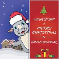merry christmas-wenskaart, flyer, uitnodiging en poster. schattig neushoorn Characterdesign met hoed. vector