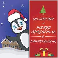 merry christmas-wenskaart, flyer, uitnodiging en poster. schattig pinguïnkarakterontwerp met hoed. vector