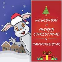merry christmas-wenskaart, flyer, uitnodiging en poster. schattig konijn Characterdesign met hoed. vector
