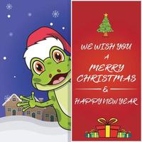 merry christmas-wenskaart, flyer, uitnodiging en poster. schattig kikkerkarakterontwerp met hoed. vector