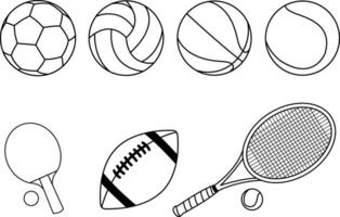 sport- uitrusting verzameling. basketbal, basketbal, Amerikaans voetbal, rugby, tennis. sport en recreatie voor gezond leven stijl concept. gemakkelijk zwart stijl illustratie set. illustratie vector