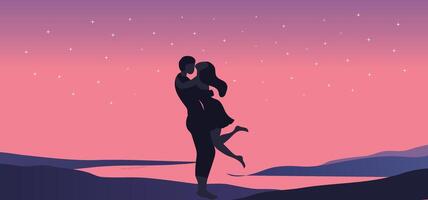 silhouet van liefhebbend paar Holding handen Aan zonsondergang strand achtergrond illustratie. gelukkig Valentijnsdag dag concept vector