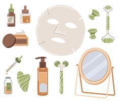 reeks van schoonheid producten voor gelaats zorg. huid zorg. hydraterend room, lotion, masker, gua sha stimulator. vlak illustratie vector