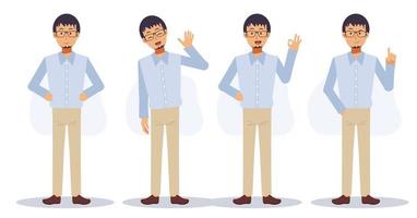 een man met een bril in verschillende gebaren, zelfverzekerd, hallo, ok handgebaar, iets bedenken. platte vector 2d cartoon karakter illustratie.