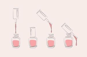 nagels Pools flessen en borstels tekening met roze kleur in lineair stijl Aan beige achtergrond vector