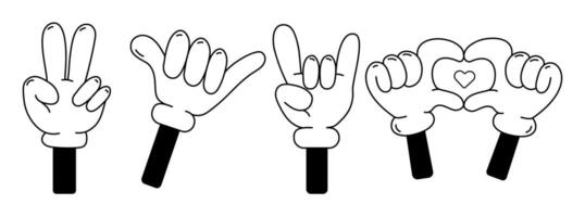 tekenfilm handen in handschoenen tonen verschillend gebaren set.retro karakter handen gebaren vrede tekens, shaka teken, hart, rots n rol.vrolijk karakter palmen van verschillend vormen, pictogrammen, sticker, print vector