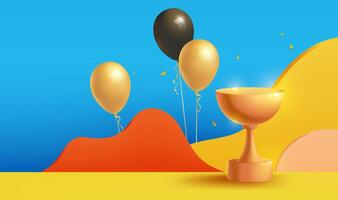 een poster van ballonnen en goud trofeeën tegen een blauw lucht vector