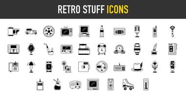 retro dingen pictogrammen set. zo net zo camera rollen, steen telefoon, lamp, roken pijp, pc, auto, Frisdrank fles, microfoon, pieper, rol vleet, Fabergé, inkt, thermometer, alarm klok, CD illustratie. vector