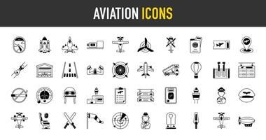 webluchthaven pictogrammen set. zo net zo luchtvaart, opstijgen, landingsbaan, ballon, landen, monitoren, vliegtuigen, radar, helikopter, venster, turbine, ladder, hangar, eendekker, controle, deur, stoel icoon illustratie vector