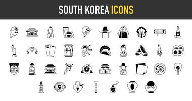 zuiden Korea pictogrammen set. zo net zo oke, hoed, koreaans, kimchi, fan, masker, ginseng, bibimbap, gayageum, gimba, hwaseong, sleutel ketting, hanbok, kpop, komusin, vuurtoren, liefde icoon illustratie. vector