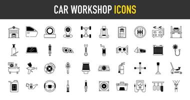 auto werkplaats pictogrammen set. zo net zo auto, auto, deur, oplader, lucht compressor, voorruit, vuur, plaats, radiator, verf spuiten, hoofd licht, olie, gereedschapskist, pedalen , inspectie icoon. vector