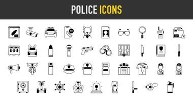 Politie icoon set. zo net zo auto, hond, geweer, Politie station, walkie talkie, fiets, handboeien en noodgeval telefoongesprek, fluit, hoed, helm, schild, uniform, station, insigne, officier pictogrammen illustratie. vector