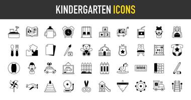 kleuterschool pictogrammen set. zo net zo boek, puzzel, klok, mat, trein speelgoed, meisje, auto, baby, lap, toetsenbord, krijt, schaar, zandbak, sap doos, telraam, slabbetje, stoel, bal, blok illustratie vector