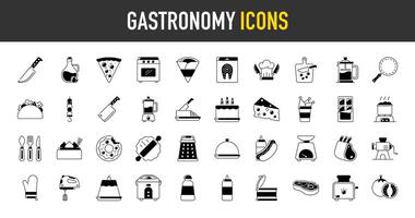 gastronomie icoon set. zo net zo appel, steak, menu, oester, snel voedsel, citroen, koffie bonen, gin, limoen, citroen, taco, chef, mes, heet hond, lam, bestek, taart, blender, boter pictogrammen illustratie. vector