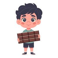 schattig jongen Holding chocola, Aan wit achtergrond, hand getekend. kinderen karakter in tekenfilm stijl voor kaart ontwerp, decor, afdrukken en kinderen verzameling vector