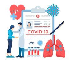 medische diagnose - coronavirus 2019-ncov. medisch concept van covid-19. arts die voor de patiënt zorgt. coronavirus symptomen. infectie van de longen. gevaarlijk coronavirus pandemie risico. vectorillustratie. vector