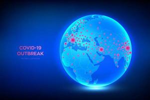 wereldkaart van coronavirus 2019-ncov bevestigde gevallen. planeet aarde wereldbol met icoon van coronavirus covid-19 geïnfecteerde landen. covid 19-uitbraak en wereldpandemisch risicoconcept. vectorillustratie. vector