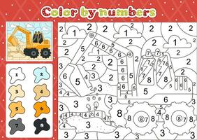 auto themed kleur bladzijde door aantal voor kinderen met schattig graafmachine vector