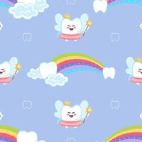 kawaii zoet naadloos patroon met schattig regenboog en tand fee karakter vector