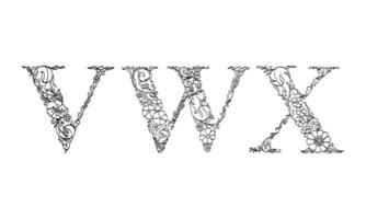 bloemen illustratie alfabet v, w, x, vector grafische lettertype gemaakt door bloem en blad plant creatieve handgetekende lijntekeningen voor abstracte en natuurlijke natuurstijl looks in unieke zwart-wit design decoratie