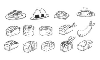 set van eten en drinken pictogrammen, sushi eten vectorillustratie, detail lineart Japans eten vector
