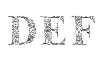 bloemen illustratie alfabet d, e, f, vector grafische lettertype gemaakt door bloem en blad plant creatieve handgetekende lijntekeningen voor abstracte en natuurlijke natuurstijl looks in unieke zwart-wit design decoratie