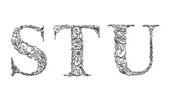 bloemen illustratie alfabet s, t, u, vector grafische lettertype gemaakt door bloem en blad plant creatieve handgetekende lijntekeningen voor abstracte en natuurlijke natuurstijl looks in unieke zwart-wit design decoratie