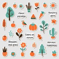 natuur sticker set. planten, bloemen, groenten, bladeren en belettering zinnen. schattig bloemen klem kunst. vector