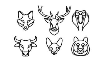 set van 6 wilde dierenkop, dier vector lijn pictogram, dierenkop vector lijntekeningen, geïsoleerde dieren illustratie