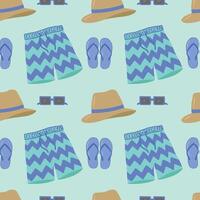 strandkleding, naadloos patroon, . Mannen korte broek, zwemmen koffers, bril en een hoed Aan een licht blauw achtergrond. voorraad illustratie vector