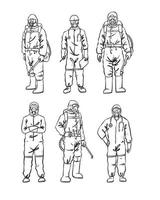 set van medisch team in pbm ter bescherming tegen virusuitbraakinfecties zoals covid-19, ebola en sars. geïsoleerde hand getekend in dunne lijnstijl vectorillustratie vector